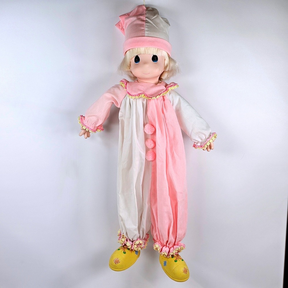 Vintage Precious Moments Clown Pajama Bag Doll Pink White Jester 23 Inch